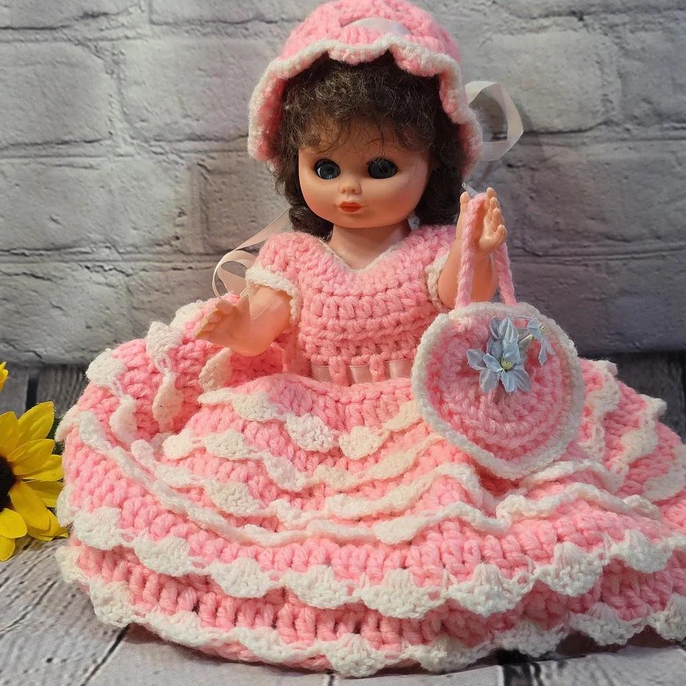 Vintage Angel Doll Brunette Crochet Dress and Accessories Pink White 14